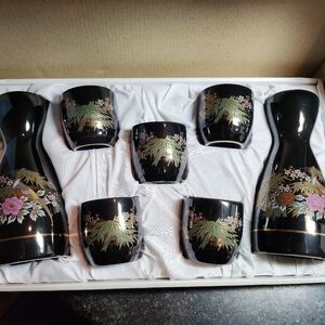 Elegant Black Floral Sake Set